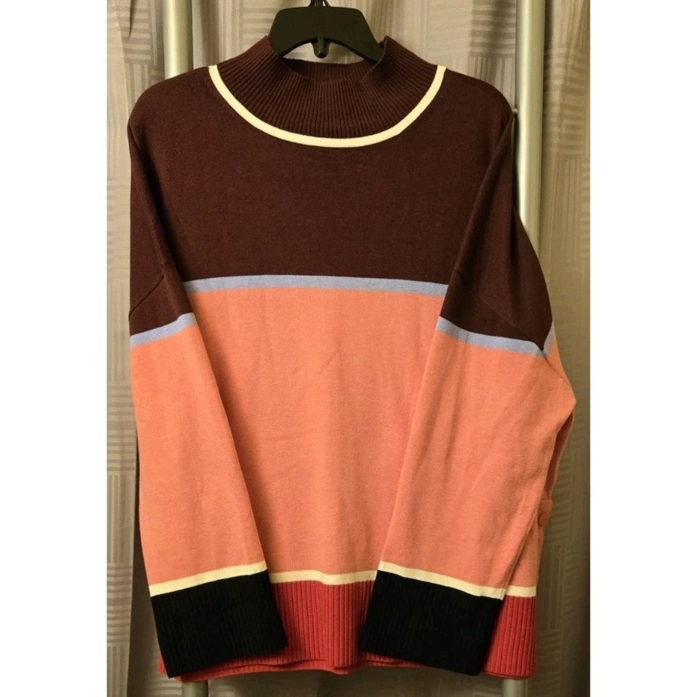T by Talbots Women High Neck Sweater Top Sz 2X Pink Maroon Coral‎ Striped Spring